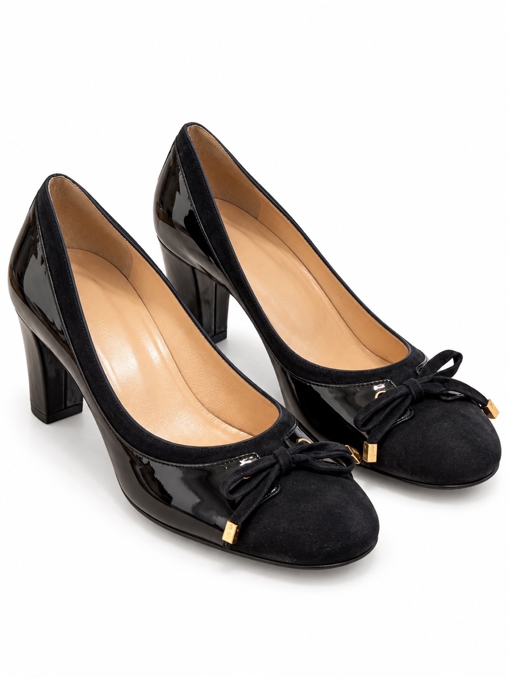 Size 8.5 Bruno Magli Arrecina Black Suede Patent Bow Pumps